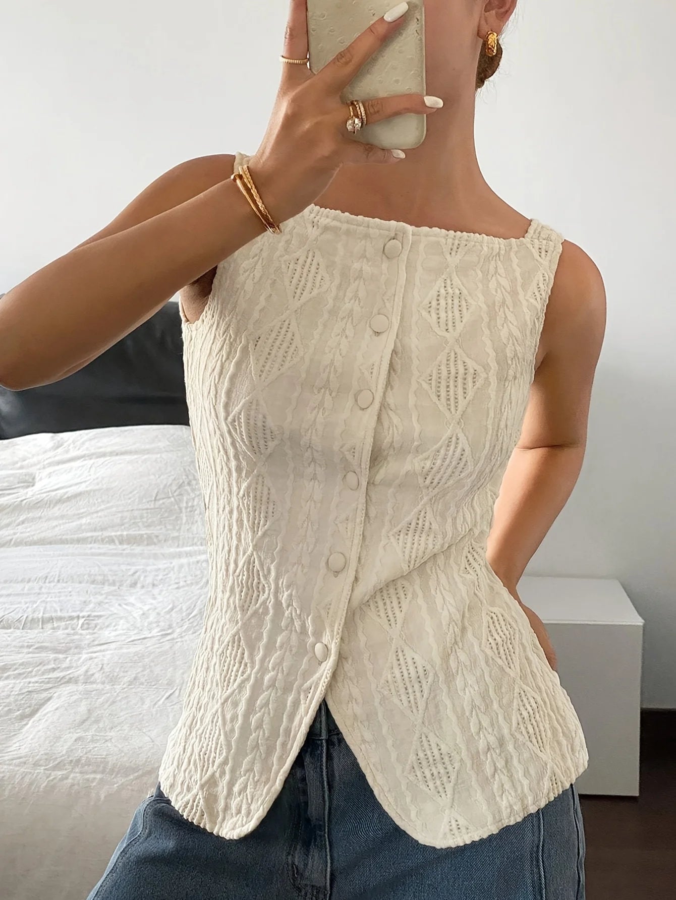 Women's summer sleeveless geometric texture single breasted casual shirt